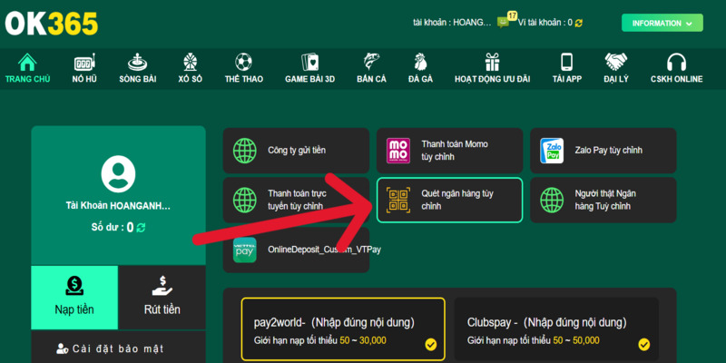 Nạp tiền OK365 qua ngân hàng đơn giản